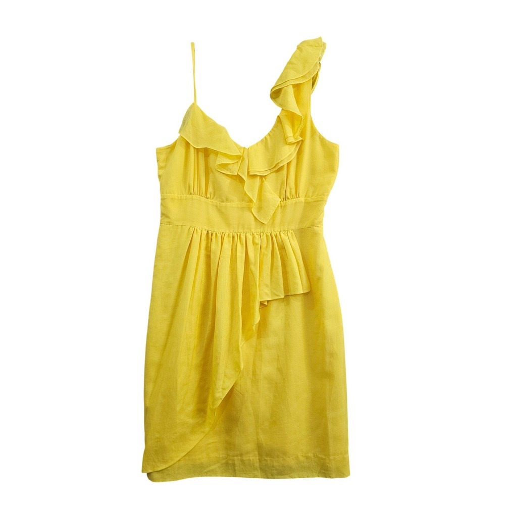 Gianni Bini Ruffle One Shoulder Mini Dress Womens 8 Yellow Cotton Silk Chic EUC